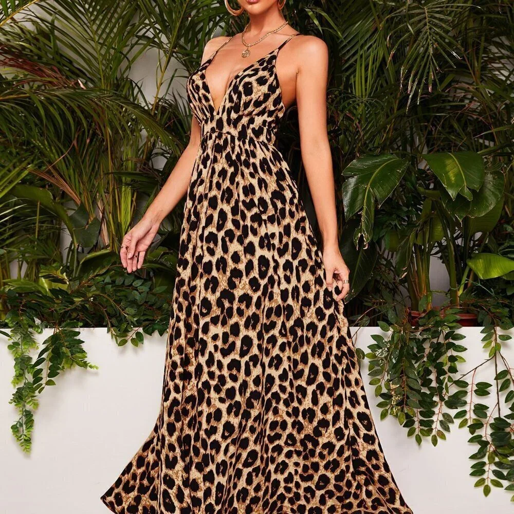 Multicolor Sexy Women's Crisscross Back Allover Print Cami Dress - Picture 4 of 5